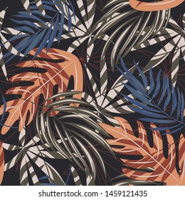 Trend seamless pattern with colorful tropical leaves and plants on brown background. Vector design. Jungle print. Flowers background. Printing and textiles. Exotic tropics. Fresh design.