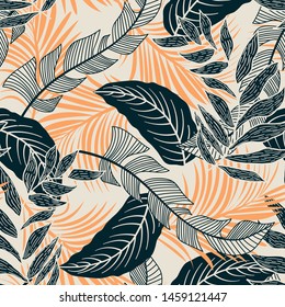 Trend seamless pattern with colorful tropical leaves and plants on pastel background. Vector design. Jungle print. Flowers background. Printing and textiles. Exotic tropics. Fresh design.