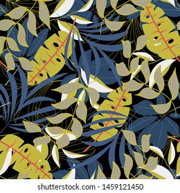 Trend seamless pattern with colorful tropical leaves and plants on a dark background. Vector design. Jungle print. Flowers background. Printing and textiles. Exotic tropics. Fresh design.