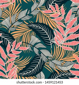 Trend seamless pattern with colorful tropical leaves and plants on green background. Vector design. Jungle print. Flowers background. Printing and textiles. Exotic tropics. Fresh design.