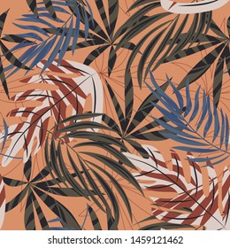 Trend seamless pattern with colorful tropical leaves and plants on beige background. Vector design. Jungle print. Flowers background. Printing and textiles. Exotic tropics. Fresh design.