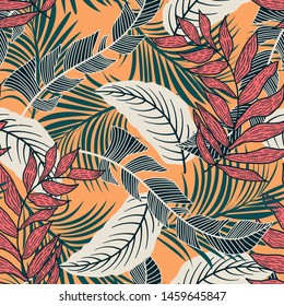 Trend seamless pattern with colorful tropical leaves and plants on yellow background. Vector design. Jungle print. Flowers background. Printing and textiles. Exotic tropics. Fresh design.