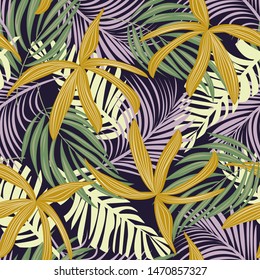 Trend seamless pattern with colorful tropical leaves and plants on a dark background. Vector design. Jungle print. Floral background. Printing and textiles. Exotic tropics. Summer design.