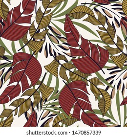Trend seamless pattern with colorful tropical leaves and plants on white background. Vector design. Jungle print. Floral background. Printing and textiles. Exotic tropics. Summer design.