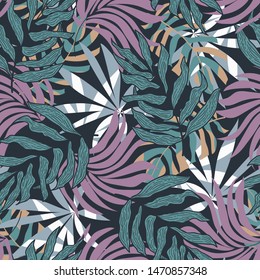 Trend seamless pattern with colorful tropical leaves and plants on a gray background. Vector design. Jungle print. Floral background. Printing and textiles. Exotic tropics. Summer design.