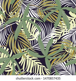 Trend seamless pattern with colorful tropical leaves and plants on purple background. Vector design. Jungle print. Floral background. Printing and textiles. Exotic tropics. Summer design.