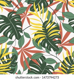 Trend seamless pattern with colorful tropical leaves and plants on a delicate background. Vector design. Jungle print. Floral background. Printing and textiles. Exotic tropics. Summer design.