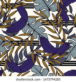 Trend seamless pattern with colorful tropical leaves and plants on a light background. Vector design. Jungle print. Floral background. Printing and textiles. Exotic tropics. Summer design.