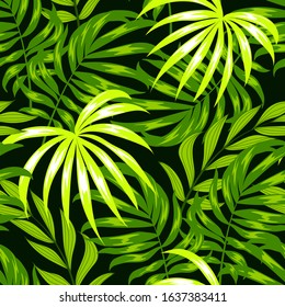 Trend seamless pattern with colorful tropical leaves on a dark background. Creative abstract background. Exotic wallpaper, Hawaiian style. Jungle leaves. Botanical pattern.