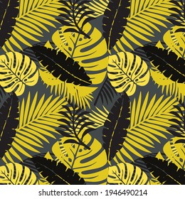 Trend seamless pattern with colorful tropical leaves and plants on grey background. Vector design. Jungle print. Floral background. Printing and textiles. Exotic tropics. Fresh design.