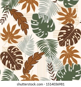 Trend seamless pattern with green and brown tropical leaves. Jungle leaves seamless vector floral pattern background. Illustration in Hawaiian style.