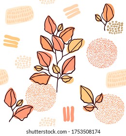 Trend seamless pattern multicolor ornament with branches, floral and leaves. Multi-colored spots and patterns of dots in style Doodle Isolated on the white background.
