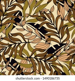 Trend seamless pattern with tropical flora. Fashionable texture design, textile, fabric, printing. Colorful ornament. Hawaiian style. Original tropical plants and leaves on a yellow background. Vector