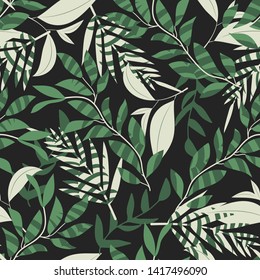 Tendencia sin fisuras con hojas y plantas tropicales sobre un fondo verde oscuro. Diseño de vectores. Impresión de selva. Textiles e impresión. Fondo floral.