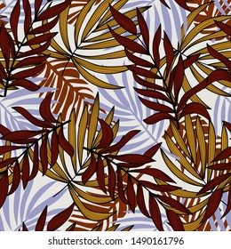 Trend seamless pattern with tropical leaves and plants. Fashionable texture design, textile, fabric, printing. Nice ornament. Tropical print, Botanical set. Vector design.