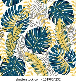 Trend seamless pattern with tropical leaves on white background. Floral seamless vector tropical pattern background with exotic leaves, jungle leaf.  Illustration in Hawaiian style.