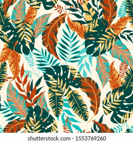 Trend seamless pattern with tropical leaves. Vector background for various surface. Exotic wallpaper, Hawaiian style. Floral pattern, Jungle leaves. Trend vector design, beautiful print. 