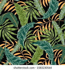 Trend seamless pattern with tropical leaves. Vector background for various surface. Hand draw texture. Floral seamless vector tropical pattern background with exotic leaves, jungle leaf.