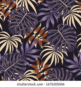 Trend seamless pattern. Tropical leaves and plants on dark background. Illustration in Hawaiian style. Jungle leaves. Botanical pattern. Vector background for various surface. Exotic wallpaper.