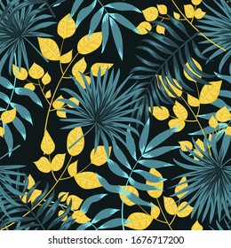 Tendencia sin fisuras. Hojas tropicales y plantas sobre fondo oscuro. Ilustración al estilo hawaiano. Hojas de la jungla. Patrón botánico. Fondo vectorial para varias superficies. Papel pintado exótico.