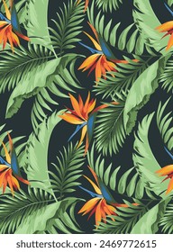 Trend seamless pattern with tropical leaves. Vector background for various surface. Hand draw texture. Floral seamless vector tropical pattern background with exotic leaves, jungle leaf.
