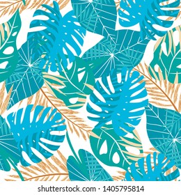 Trend seamless pattern with tropical plants on a light background. Vector design. Jungle print. Floral background.