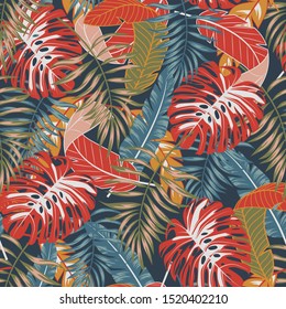 Trend seamless pattern with tropical plants and leaves. Jungle leaves seamless vector floral pattern background. Exotic wallpaper, Hawaiian style. Summer background with exotic leaves.