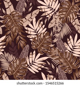 Trend seamless pattern with tropical plants and leaves in brown tones. Floral tropical pattern background with exotic leaves, jungle leaf. Vector background for various surface. 