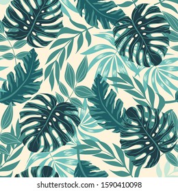 Trend seamless pattern with tropical plants and leaves in blue tones. Illustration in Hawaiian style. Jungle leaves. Botanical pattern. Vector background for various surface. Exotic wallpaper.