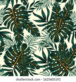 Trend seamless pattern with tropical plants and leaves on a white background. Summer background with exotic leaves. Exotic wallpaper,  beautiful print. Illustration in Hawaiian style.