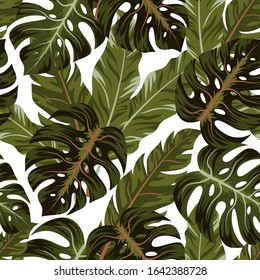Trend seamless pattern with tropical plants on a white background. Summer background with exotic leaves. Illustration in Hawaiian style. Jungle leaves. Botanical pattern.