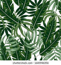 Trend seamless pattern with tropical plants and leaves on a white background. Summer background with exotic leaves. Exotic wallpaper, beautiful print. Illustration in Hawaiian style.