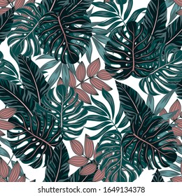 Trend seamless pattern with tropical plants and leaves on a white background. Summer background with exotic leaves. Exotic wallpaper, beautiful print. Illustration in Hawaiian style.