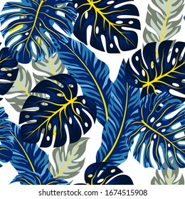 Trend seamless pattern with tropical plants and leaves in blue tones. Illustration in Hawaiian style. Jungle leaves. Botanical pattern. Vector background for various surface. Exotic wallpaper.