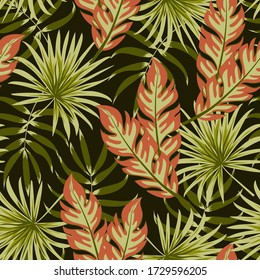 Trend seamless pattern. Tropical plants and leaves on a dark background. Illustration in Hawaiian style. Jungle leaves. Botanical pattern. Vector background for various surface.