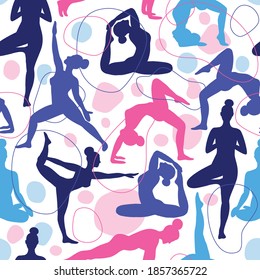 Trend seamless pattern of yoga class pink and blue with abstract shape line art vector bakground.