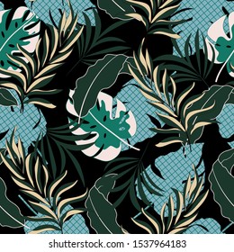 Trend seamless tropical pattern with beautiful green and blue plants and leaves on black background. Summer colorful hawaiian seamless pattern with tropical plants. Printing and textiles. 