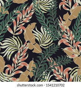 Trend seamless tropical pattern with beautiful green and pink plants and leaves on dark background. Modern abstract design for fabric, paper, interior decor. Tropic leaves in bright colors.