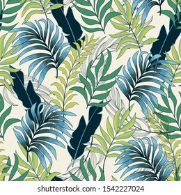 Trend seamless tropical pattern with beautiful leaves and plants on pastel background. Exotic tropics. Summer. Beautiful seamless vector floral pattern. 
Trendy summer Hawaii print.