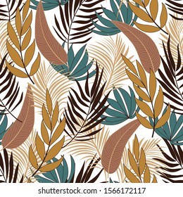 Trend seamless tropical pattern with beautiful plants and leaves on white background. Jungle leaf seamless vector floral pattern background. Vintage pattern. Exotic tropics. Summer.