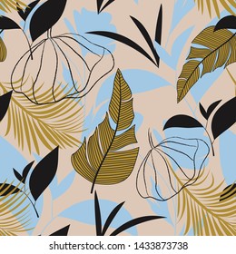 Trend seamless tropical pattern with bright leaves, flowers and plants on pastel background. Vector design. Jungle print. Floral background. Printing and textiles. Exotic tropics. Summer design.