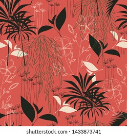 Trend seamless tropical pattern with bright leaves and plants on a red background. Vector design. Jungle print. Floral background. Printing and textiles. Exotic tropics. Summer design.