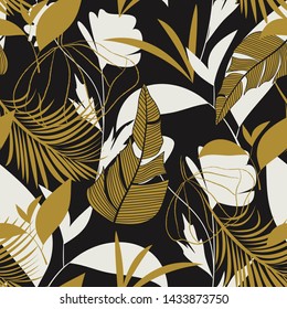 Trend seamless tropical pattern with bright leaves, flowers and plants on brown background. Vector design. Jungle print. Floral background. Printing and textiles. Exotic tropics. Summer design.