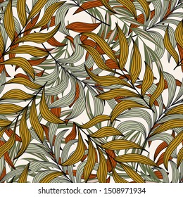 Trend seamless tropical pattern with bright plants and leaves on a white background. Summer colorful hawaiian seamless pattern with tropical plants. Beautiful print with hand drawn exotic plants.