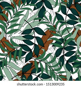 Trend seamless tropical pattern with bright yellow and green leaves and plants on a white background. 
Summer colorful hawaiian seamless pattern with tropical plants.