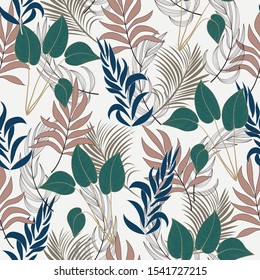 Trend seamless tropical pattern with bright blue and green plants and leaves on delicate background. Tropic leaves in bright colors. Exotic jungle wallpaper. 
Hawaiian style.