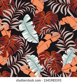 Trend seamless tropical pattern with bright white and red plants and leaves on brown background. 
Summer colorful hawaiian seamless pattern with tropical plants.  Vector design. Jungle print.