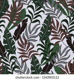 Trend seamless tropical pattern with bright green leaves and plants on delicate background. Tropical botanical. Trendy summer Hawaii print.  Vector design. Jungle print. Floral background. 