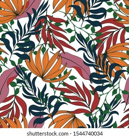 Trend seamless tropical pattern with bright red and yellow plants and leaves on a light background. Seamless pattern with colorful leaves and plants. Exotic jungle wallpaper.