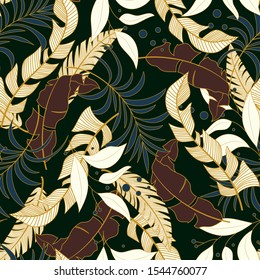 Trend seamless tropical pattern with bright blue and white plants and leaves on a white background. Jungle leaf seamless vector floral pattern background. Printing and textiles. 